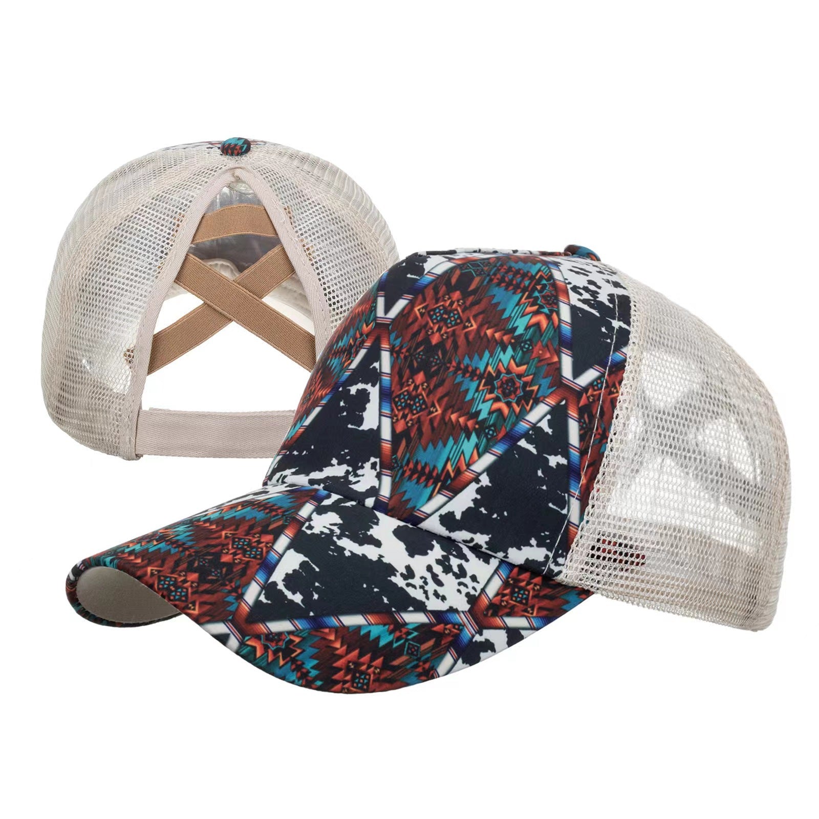 Wholesale Printed frayed edge cross ponytail baseball cap